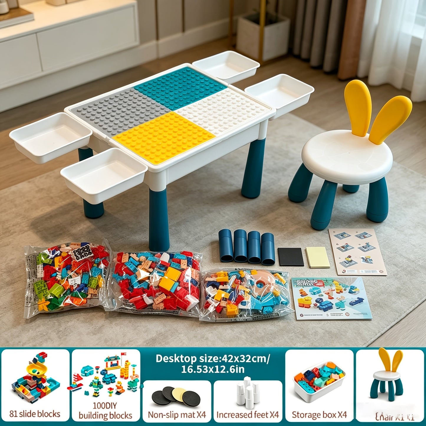 Kids Building Block Table & Chair Set with Storage Boxes – 16.5" x 12.6" All-in-One ABS Brick Play Activity Station for Toddlers Boys & Girls, Best Birthday Christmas Holiday Gift Ages 3+
