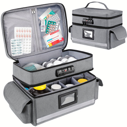 Lockable Medicine Organizer Bag with Combination Lock, Double-Layer Large Capacity Pill Bottle Storage Case for Prescription Bottles First Aid Supplies Home Travel, Portable Medication Carry Bag Red Grey Black