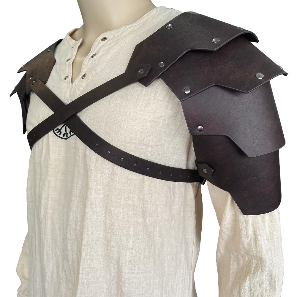 Medieval Shoulder Armor Double Pauldron for Men & Women – Embossed PU Faux Leather Warrior Pauldrons for Halloween LARP Cosplay Renaissance Fair Theater, Khaki Dark Brown Black