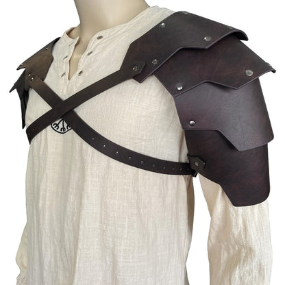 Medieval Shoulder Armor Double Pauldron for Men & Women – Embossed PU Faux Leather Warrior Pauldrons for Halloween LARP Cosplay Renaissance Fair Theater, Khaki Dark Brown Black