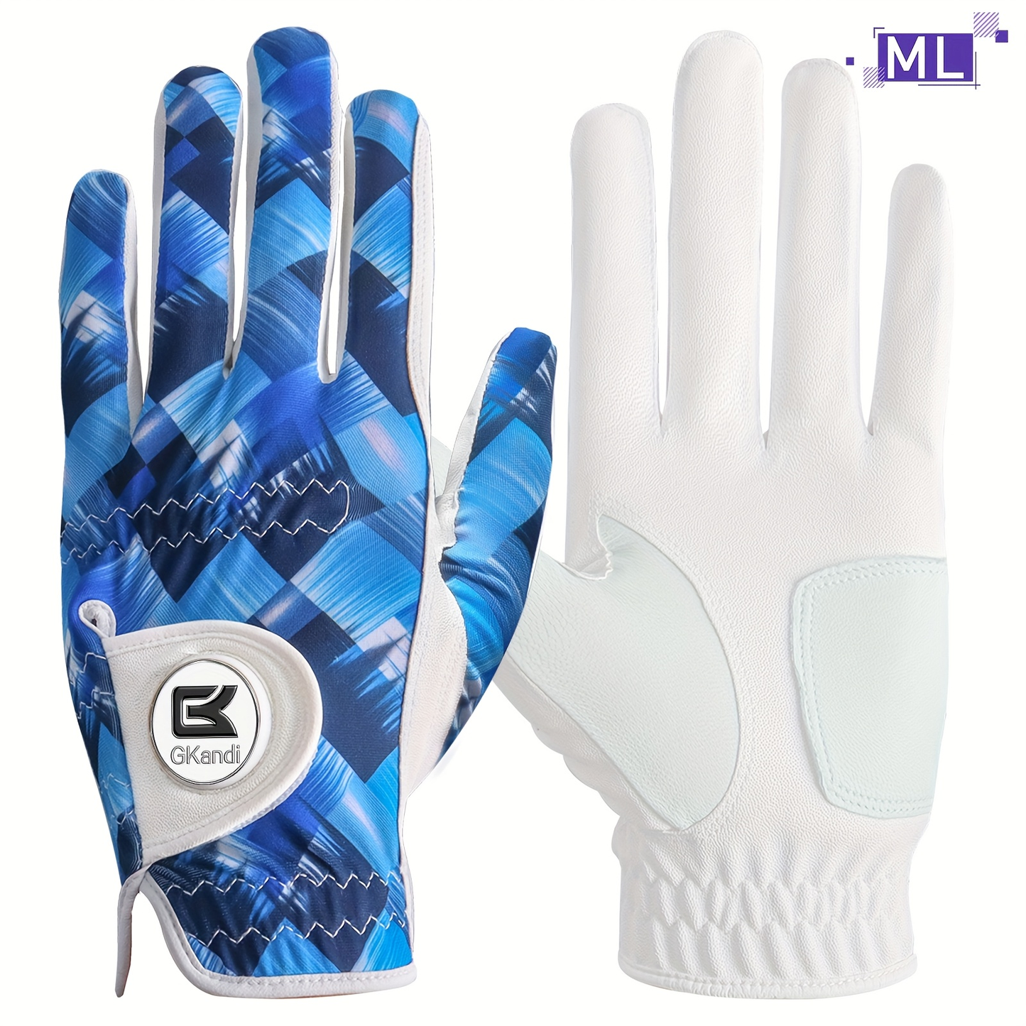 Men's Golf Glove Left Hand with Ball Marker - Breathable All Weather Grip, Hook & Loop Closure, Sizes S M ML L XL, USA Flag, Blue & White, Stylish Polyester Golf Gloves for Men Golfers, Confident Swing Every Round