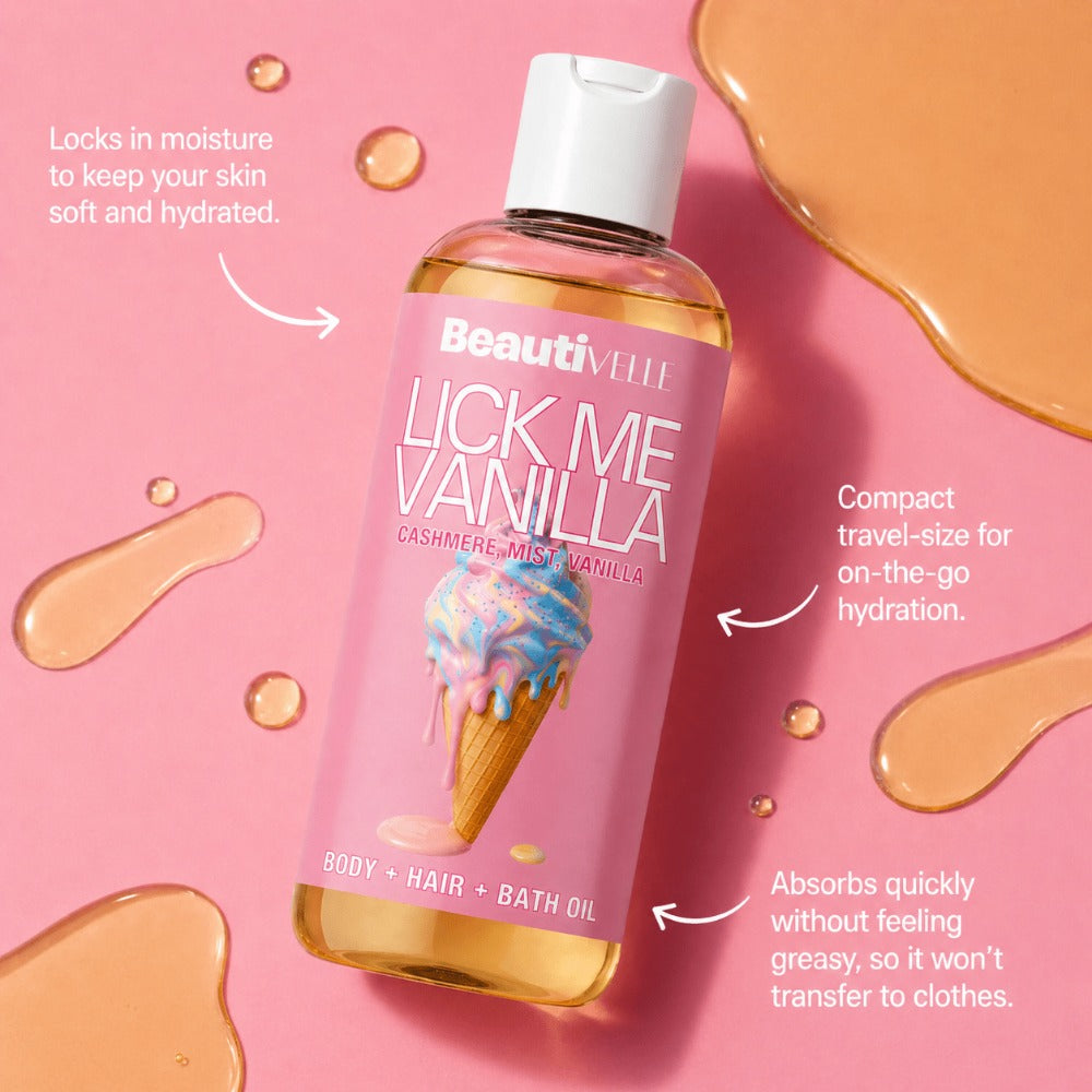 Vanilla Body Oil for Women Lick Me Cashmere Mist – Moisturizing Scented Skin Oil with Warm Amber Sandalwood & Creamy Vanilla, Long-Lasting Fragrance Body Oil 4oz 8oz