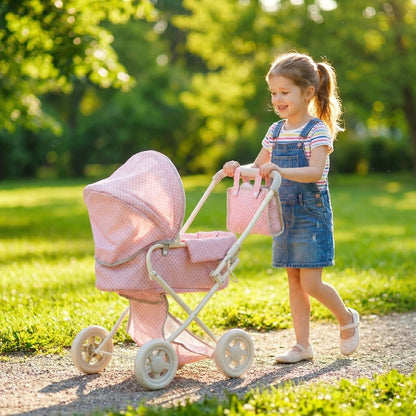 3-in-1 Baby Doll Stroller Set Pink Foldable Pram with Bassinet & Carry Bag for 14-24 Inch Dolls Swivel Wheels Adjustable Handle Nursery Role Play Gift for Girls Ages 3-12 (No Doll)