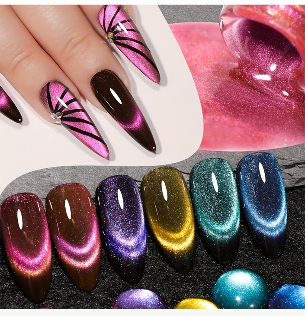 Dopamine Cat Eye Gel Polish Set 6 Colors Magnetic Shiny Glossy UV LED Nail Art Kit with Photo Frame Bottle for Salon DIY Manicure Spring Summer Vibrant Reflective Long Lasting Nail Design