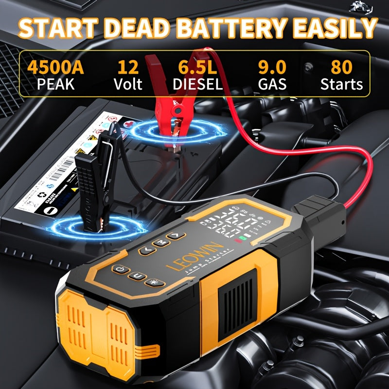 Portable Car Battery Jump Starter with Air Compressor, 12V Battery Booster Pack (9.0 Gas/1.72gal Diesel) with 150PSI Auto-Shutoff Tire Inflator, Jump Box with Smart Clamps, Jumper Cables, USB Input/output, LED Emergency, Car Accessories Tools
