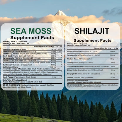 Sea Moss & Shilajit Capsules 12-in-1 Supplement - Bladderwrack Burdock Ashwagandha Black Seed Vitamin C D3 Rhodiola Ginseng Complete Wellness Formula for Energy Immunity Vitality