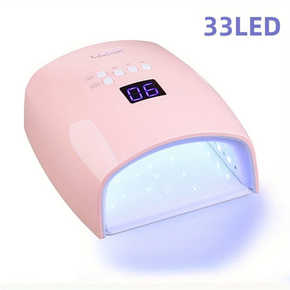 UV LED Nail Lamp 33 LEDs 4 Timer Settings Rechargeable Gel Nail Dryer All Gel Polish Full Hand Curing Low Heat Mode Home Salon Manicure Pedicure Tool Pink Blue White