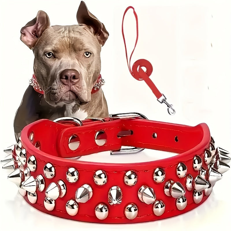 Rivet Dog Collar Bite Resistant with Leash Set, Heavy Duty Metal Buckle Pet Collar for Medium Large Dogs, Adjustable Sizes XS–XXL, Black Pink Red Blue Purple