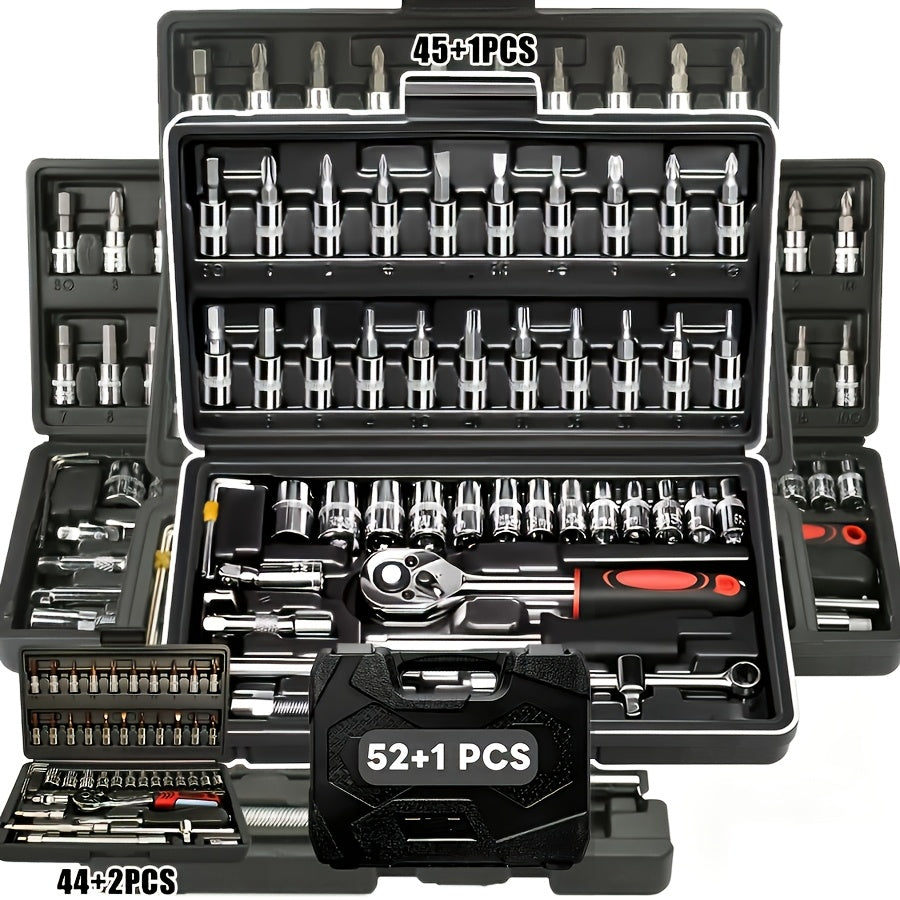High-end Professional 45+1/44+2/52+1pc Tool Set, Auto/bicycle Repair Machinery Kit, 1/2 Inch *1/4 Inch 3/8 Inch Drive Depth And Standard Wrench Set, Race-grade Auto Parts Repair Ratchet Wrench And Other Auto Repair Accessories Tool Set