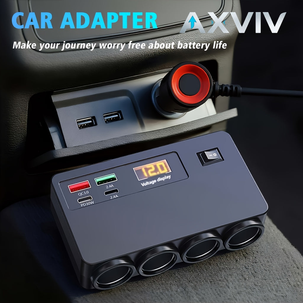 8-In-1 120W Car Charger Adapter, 4-Outlet Auto Power Outlet Splitter with PD 30W Type-C And QC3.0 USB Ports, Fast Vehicle Extender with LED Voltmeter And Main Switch for Cars, Trucks, Rvs, Dash Cams by AXVIV