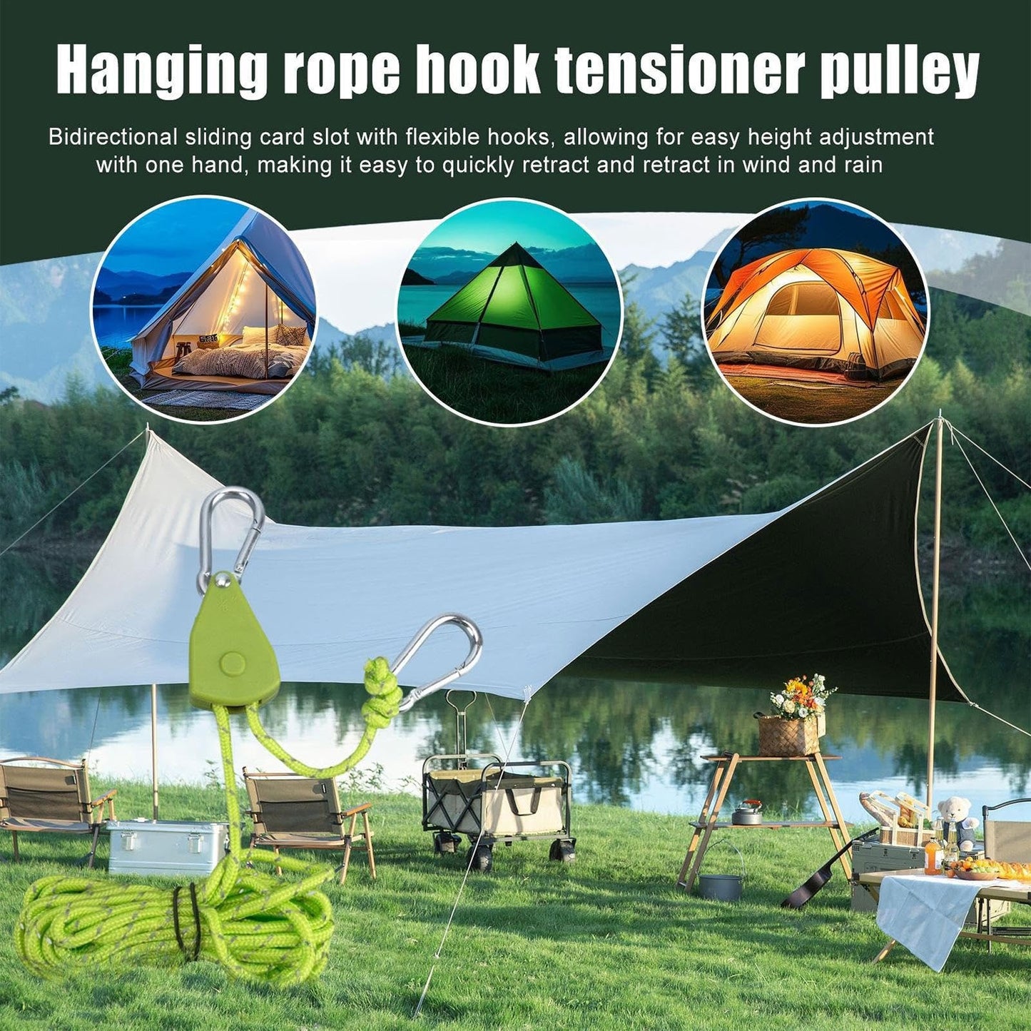 Reflective Camping Rope 4pcs 4M Adjustable Nylon Tent Guy Lines Windproof Ratchet Pulley for Tent Canopy Gazebo Tarp Outdoor