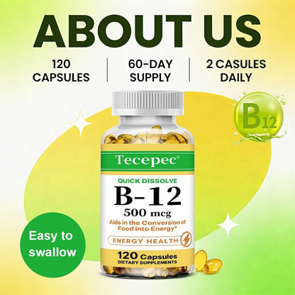 Vitamin B12 500mcg Capsules 120 Count for Women Men – Supports Energy Nervous System Cardiovascular Health Nutrient Absorption Daily Vitality Premium Formula Dietary Supplement