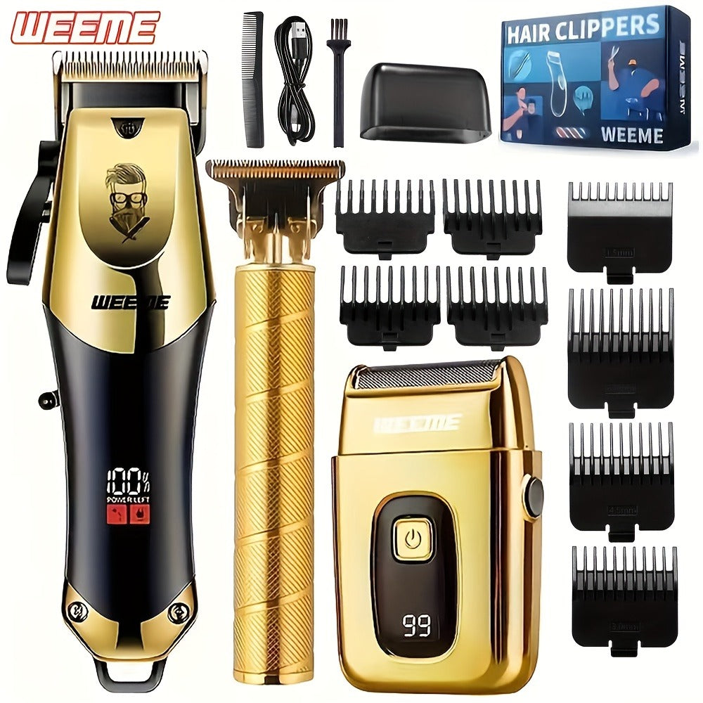 Hair Clipper Set for Men USB Rechargeable - LCD Display Cordless Trimmer, Guide Combs & Cleaning Brushes, Professional Home Haircut Kit, Gift for Men, Golden Blue Silver