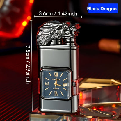 Double Flame Torch Lighter for Men – Windproof Refillable Butane Lighter with Vintage Quartz Dial, Zinc Alloy Body, Gift Box Included, Outdoor Camping BBQ Survival, Unique Engraved Style (Butane Not Included)