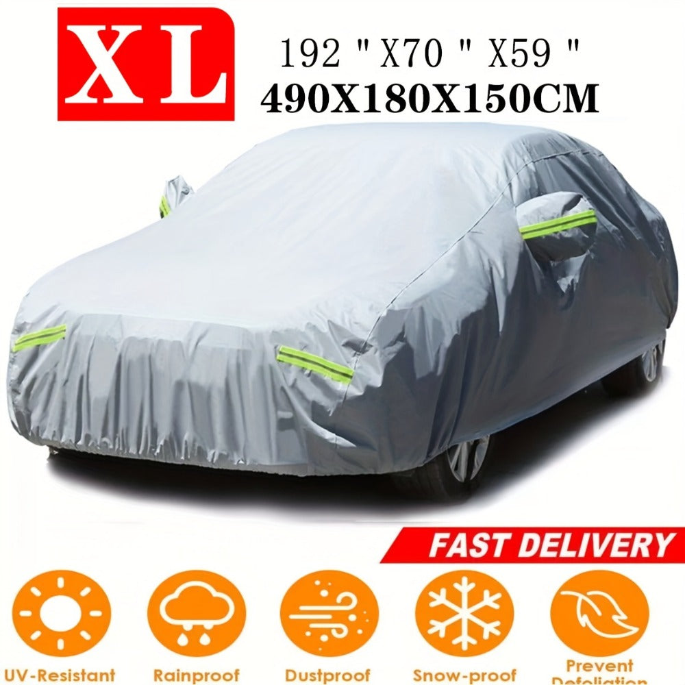 Full Car Cover 3-Layer 190T Waterproof All-Weather UV Snow Dust Protection with Reflective Strips – Silver, XL & XXL, Indoor Outdoor Universal Fit Sedan SUV