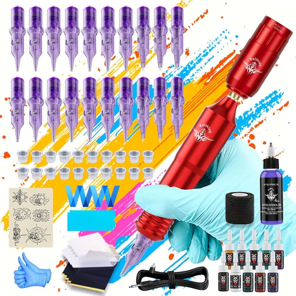 Rotary Tattoo Machine Kit 67pcs – Complete Wireless Tattoo Pen Set with Cartridge Needles, Power Supply, Practice Skin, Inks & Transfer Paper for Beginners & Artists