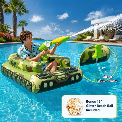 Giant Tugboat Pool Float 60 Inch XL Ride-On Inflatable Raft with Built-In Water Sprayer & 16-Inch Beach Ball – Heavy Duty PVC Float for Adults & Teens, Pool Lake Beach Party, Green