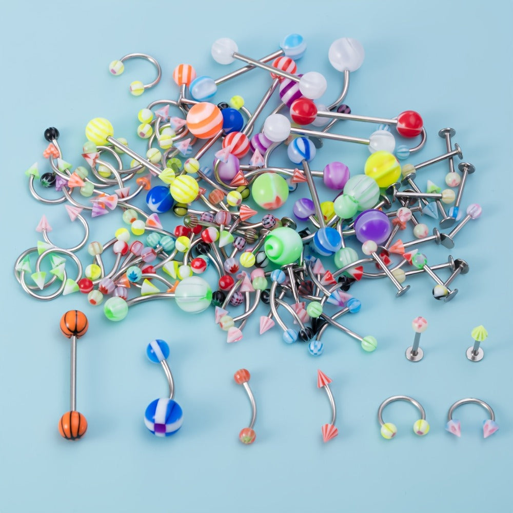 Body Piercing Kit 98pcs Stainless Steel - Bulk Piercing Set with Clamps, Needles, Lip Rings, Tongue Barbells, Eyebrow Jewelry & Glitter Tongue Set, Professional Body Jewelry Piercing Supplies