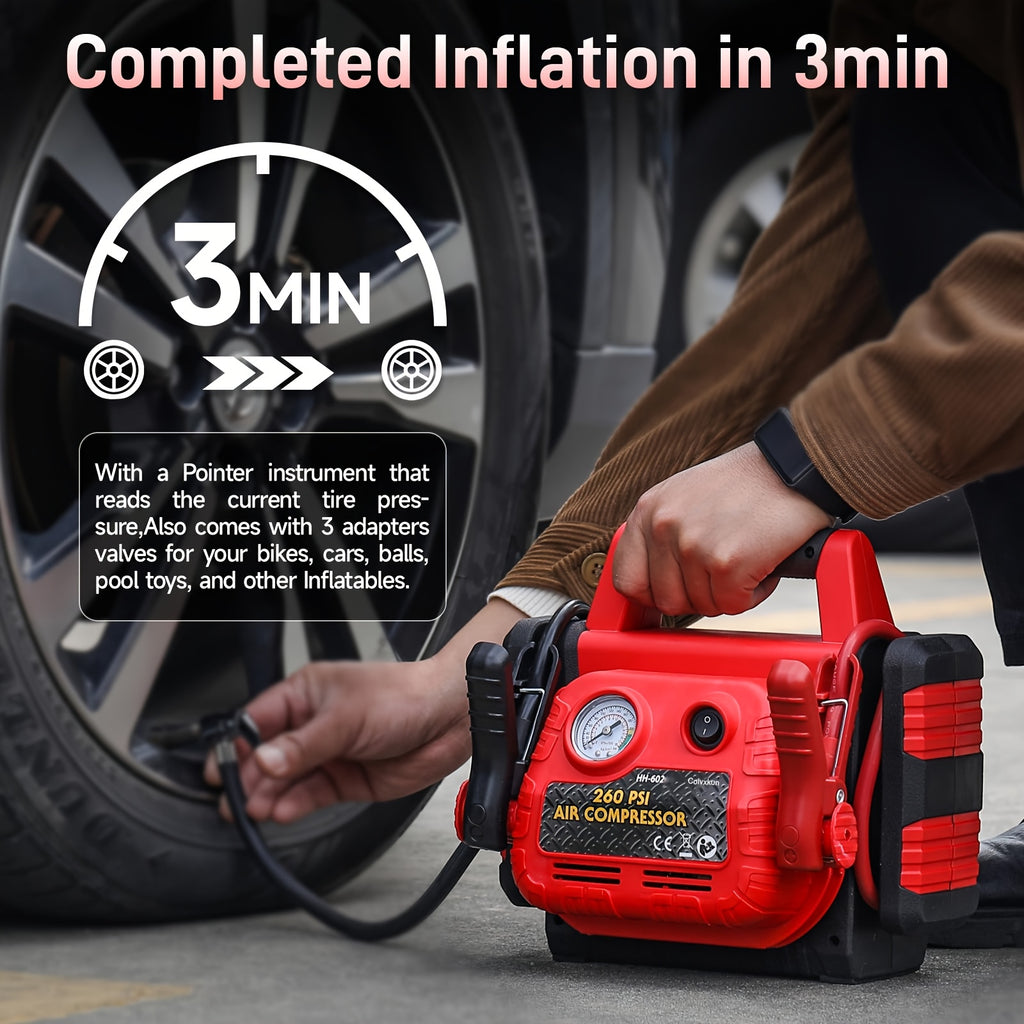 Car Jump Starter, Portable Air Compressor, 12000 Mah Portable Power Station, 12V DC Ports USB Port, 260PSI Tire Inflator, Emergency LED Light, Includes Jumper Cables