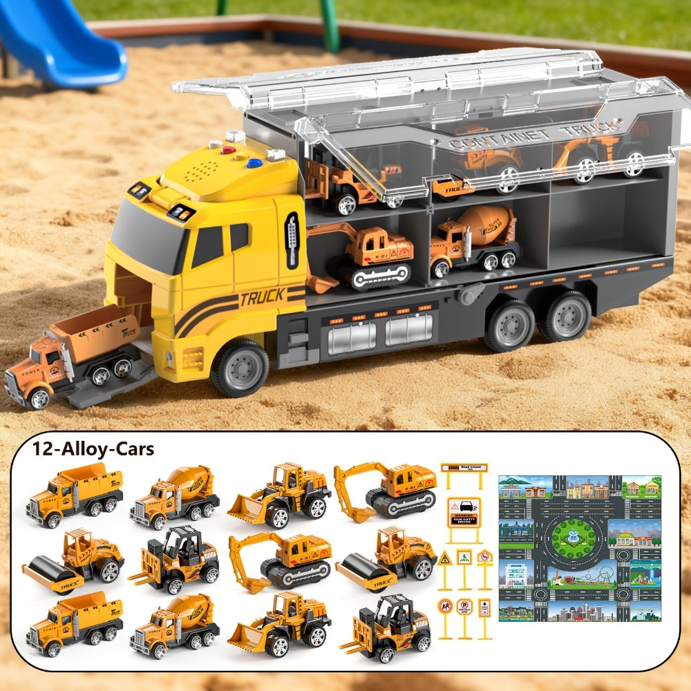 13-in-1 Construction Truck Vehicle Toy Set with Die-Cast Metal Cars & Play Mat – Transport Carrier Playset for Toddlers & Kids Ages 3+ STEM Learning Gift Boys Girls