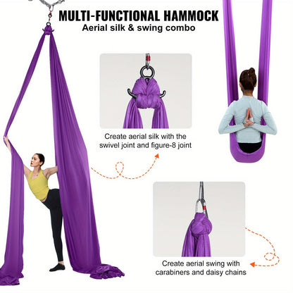 Aerial Yoga Hammock Kit 8.7 Yards – 100GSM Nylon Anti-Gravity Yoga Swing with Full Rigging Hardware, Aerial Silk for All Levels, Home & Studio Aerial Yoga Setup, Light Blue / Golden / Gradient