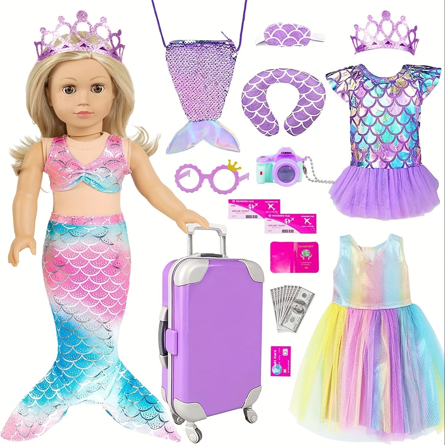 18 Inch Doll Mermaid Accessories Set 20 Pcs – Mermaid Skirt Top Crown Luggage Camera Passport Bank Card Glasses & Tickets, Fits American Girl Dolls Ocean Travel Gift for Girls Ages 3+ No Doll
