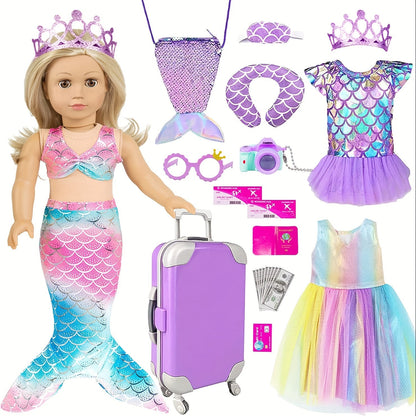 18 Inch Doll Mermaid Accessories Set 20 Pcs – Mermaid Skirt Top Crown Luggage Camera Passport Bank Card Glasses & Tickets, Fits American Girl Dolls Ocean Travel Gift for Girls Ages 3+ No Doll