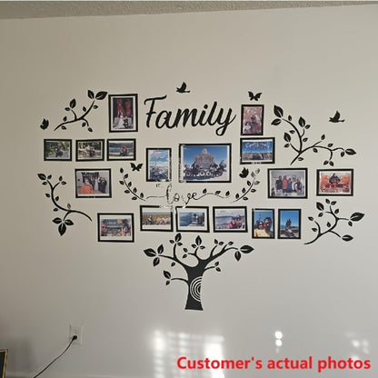 Family Tree Wall Sticker 3D Acrylic Photo Frame Collage – Removable Leaf-Shaped Picture Display with "Family" & "Love" Text, Peel & Stick Living Room Wall Decor, 81.5 x 57.48 Inches