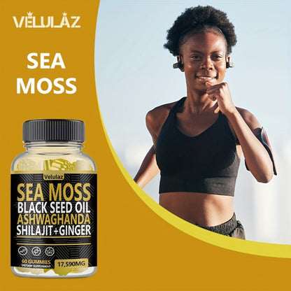 Sea Moss Gummies 10-in-1 Superfood Blend 60 Count 17590mg - Black Seed Oil Ashwagandha Shilajit Elderberry Turmeric Bladderwrack Ginger Chlorophyll Daily Immune Energy Wellness Supplement