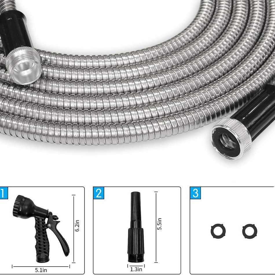 25/50/75/100ft Heavy Duty Stainless Steel Water Hose - Kink-Free High Pressure Flexible Metal Garden Hose Suitable for Car Wash, Dog Proof with 2 Nozzles, Trusted by Professionals & Pet-Resistant for Outdoor/Commercial Use