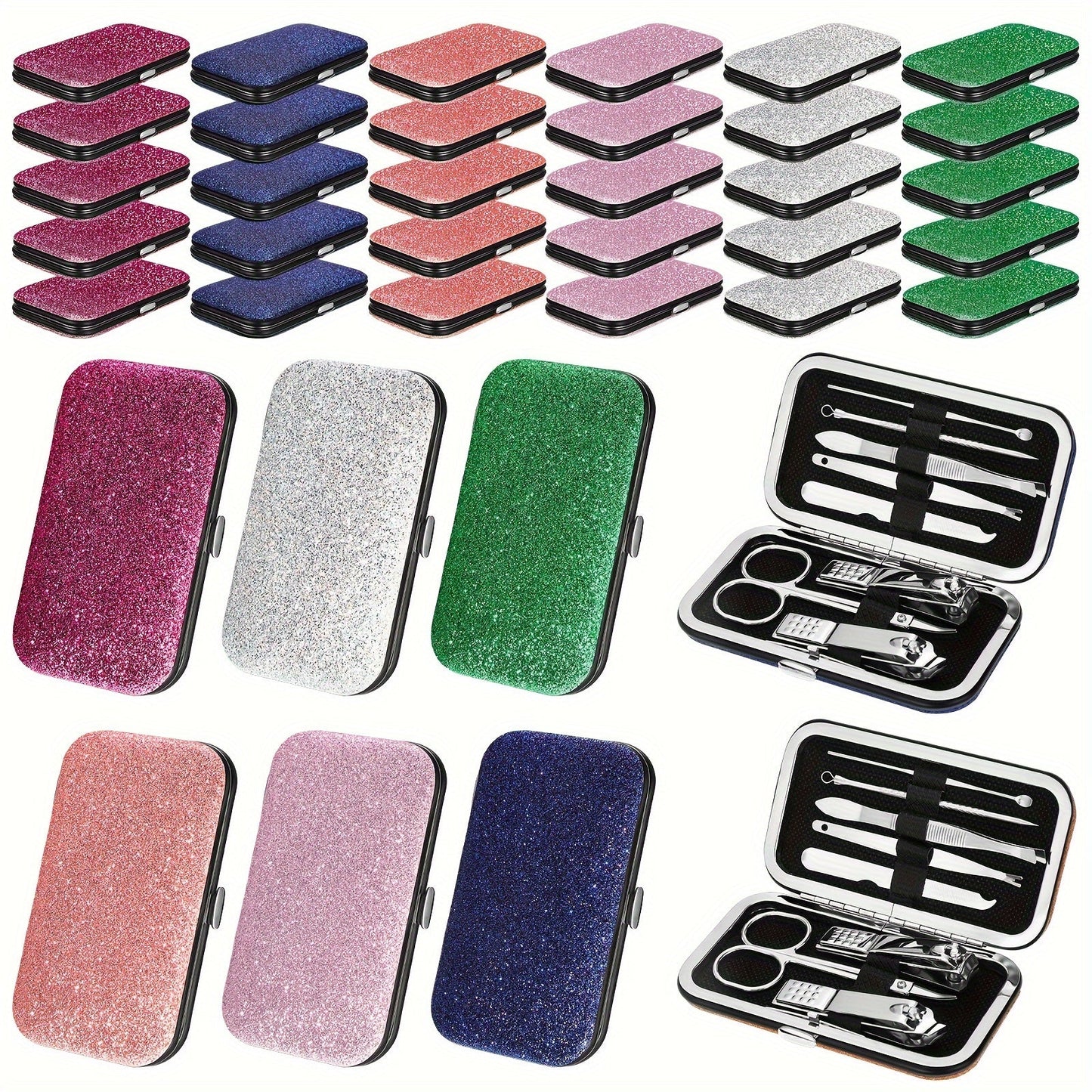 Bulk Manicure Gift Set 30 Packs 8-in-1 Stainless Steel Nail Care & Pedicure Tools with Glitter Travel Case – Professional Kit for Women & Men, Wedding Favors, Corporate Gifts, Holiday Party Bulk Gifts