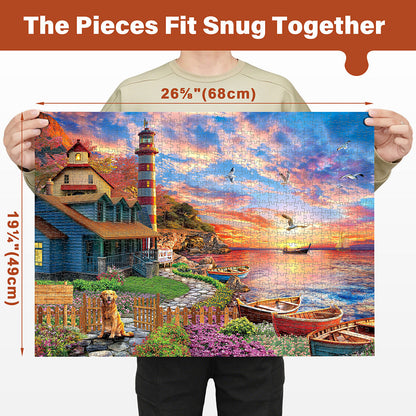 1000 Piece Jigsaw Puzzles for Adults 3 Pack – Sunset Lighthouse, Bird Crochet & Moroccan Pottery Set, Precision-Cut Brain Teaser Family Puzzle, Birthday Christmas Gift for Women Men Puzzle Lovers
