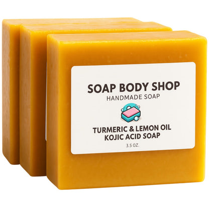 Kojic Acid Turmeric Soap Bar Handmade 3-Pack & 5-Pack – Lemon Oil Coconut Oil Goat Milk Brightening Cleansing Bar for Face & Body Acne Dark Spots Hyperpigmentation Radiant Skin
