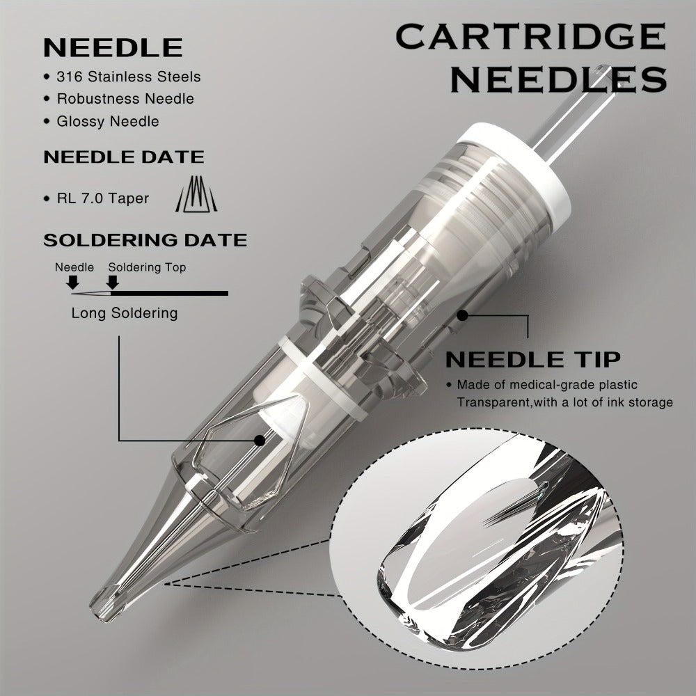 Tattoo Cartridge Needles 20pcs Disposable EO Sterilized 12 Series Round Liner Curved Magnum Flat Shader for Professional Body Art Tattoo Machine RL CM M1 RS