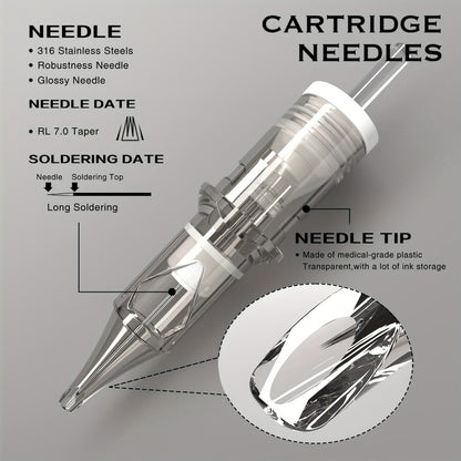 Tattoo Cartridge Needles 20pcs Disposable EO Sterilized 12 Series Round Liner Curved Magnum Flat Shader for Professional Body Art Tattoo Machine RL CM M1 RS
