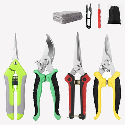 Gardening Pruning Tool Set 8 Piece Stainless Steel | Pruning Shears Scissors Pliers Ergonomic Handle with Wiping Cloth | Lawn Tree Garden Care Kit Orange Yellow Green