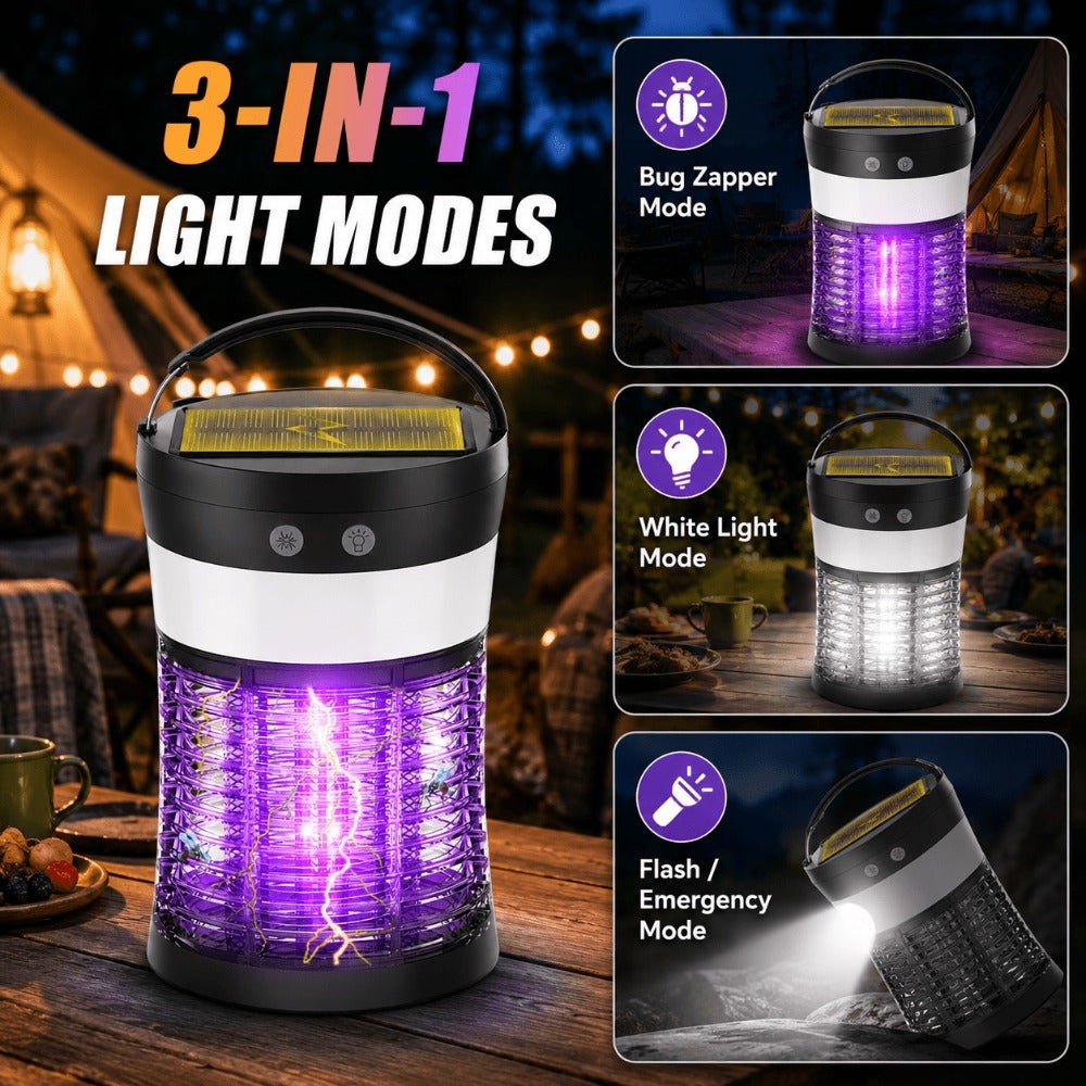 Solar Bug Zapper Electric 3-in-1 – 3000V UV 365nm Mosquito Killer Rechargeable Insect Fly Trap with White Light & Flashlight, 2100 Sq Ft Coverage for Indoor Outdoor Home Patio Backyard Camping – Black