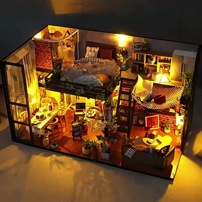 Miniature Apartment Dollhouse Kit with Protective Cover Handmade 3D Puzzle DIY House Furniture Accessories Home Decor Gift for Adults Teens Birthday Christmas Anniversary