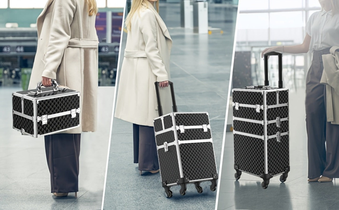 Rolling Makeup Train Case 3-in-1 Large Capacity Professional Cosmetic Trolley Swivel Wheels Lock Key Sponge Set Included Salon Barber Artist Travel Cart Trunk Black Pink
