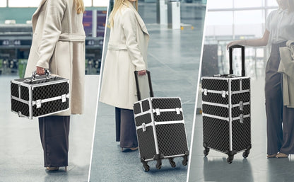 Rolling Makeup Train Case 3-in-1 Large Capacity Professional Cosmetic Trolley Swivel Wheels Lock Key Sponge Set Included Salon Barber Artist Travel Cart Trunk Black Pink