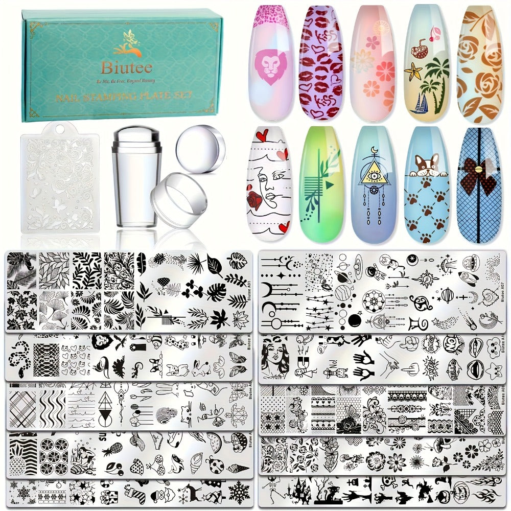 Nail Stamping Plates Set with Stamper & Scraper - Stainless Steel Nail Art Stamp Kit for Beginners & Pros, 14/15/26pcs Holiday Manicure Design Bundle, Christmas Birthday Gift