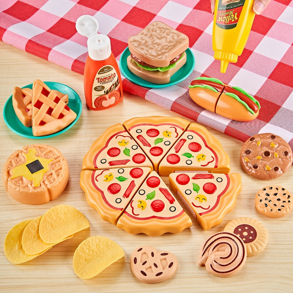 Pretend Play Food Set 85pcs – Cutting Toy Food with 2 Baskets, Pizza Veggies & Fruits | Play Kitchen Accessories for Toddlers, Birthday & Christmas Gift for Boys & Girls Ages 3 4 5 6