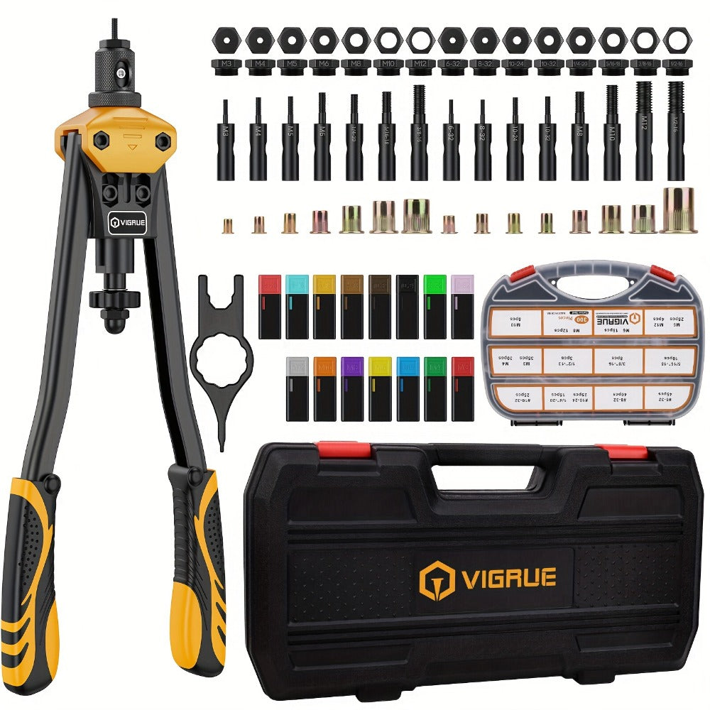 Rivet Nut Tool Kit 16-Inch – Hand Riveter Set with 15 Mandrels M3-M12 & 6-32 to 1/2-13, 300 Metric & SAE Rivet Nuts Included, Professional Nutsert Installation Tool for Metal Fabrication