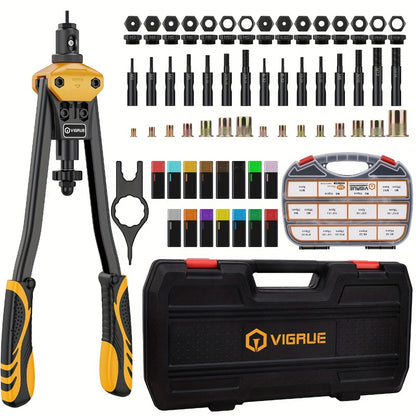Rivet Nut Tool Kit 16-Inch – Hand Riveter Set with 15 Mandrels M3-M12 & 6-32 to 1/2-13, 300 Metric & SAE Rivet Nuts Included, Professional Nutsert Installation Tool for Metal Fabrication