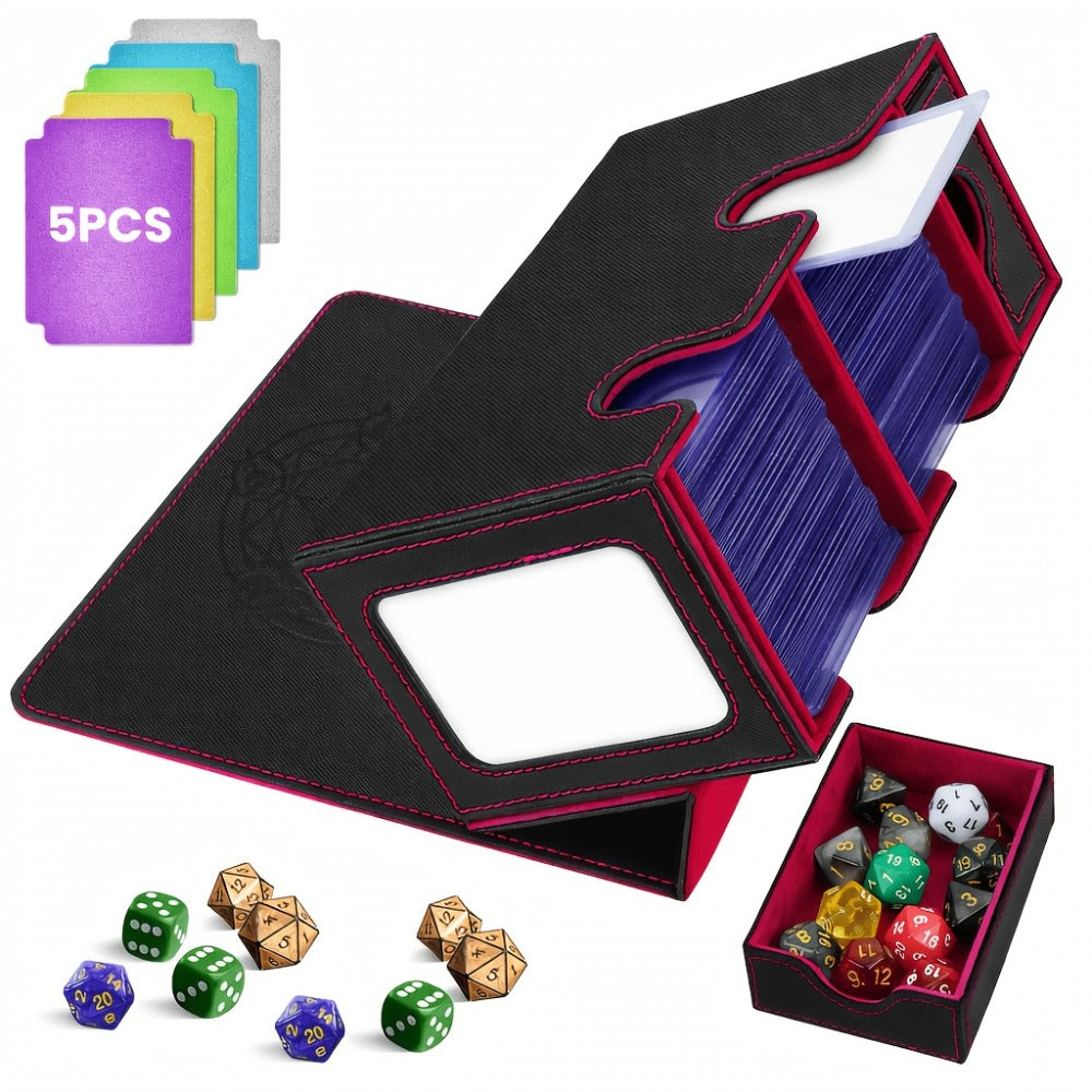TCG Deck Box with Commander Display & Dice Tray - Holds 300+ Sleeved Cards, Double Deck Case for MTG Pokemon YuGiOh CCG, 5 Dividers & Hard Sleeve Included | Card Storage Box Red Gray Green Purple Blue