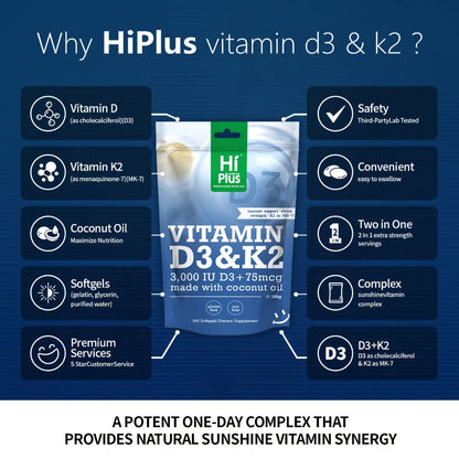 Vitamin D3 K2 MK-7 Supplement 300 Softgels — 3000 IU D3 + 75mcg K2 with Virgin Coconut Oil for Calcium Absorption Bone Density Immune & Heart Health Double Strength One-a-Day