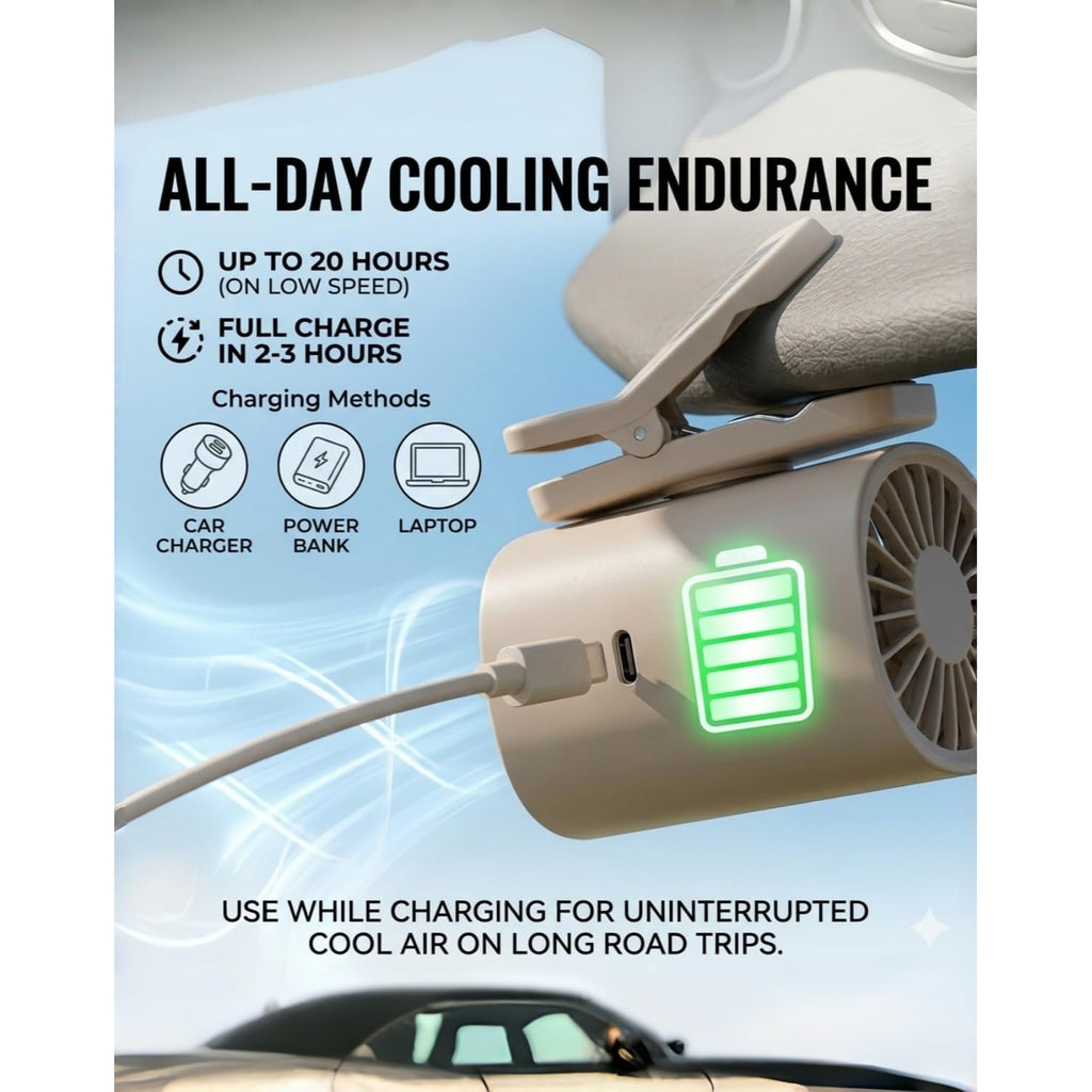 Car Clip-on Air Conditioning Fan, Cooler Compatible, 16 ° C Semi-Cooling, 5-Speed Adjustable USB Charging Fan, 360 ° Rotating Compact Car Fan for Dashboard (White)