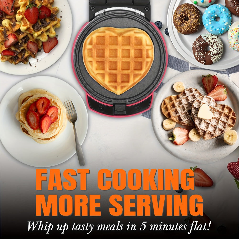 Mini Waffle Maker 4-in-1 with Removable Plates – Waffle, Pancake, Donut & Heart Shape, Non-Stick, Easy Clean, Recipe Included, Compact Breakfast Maker for Home