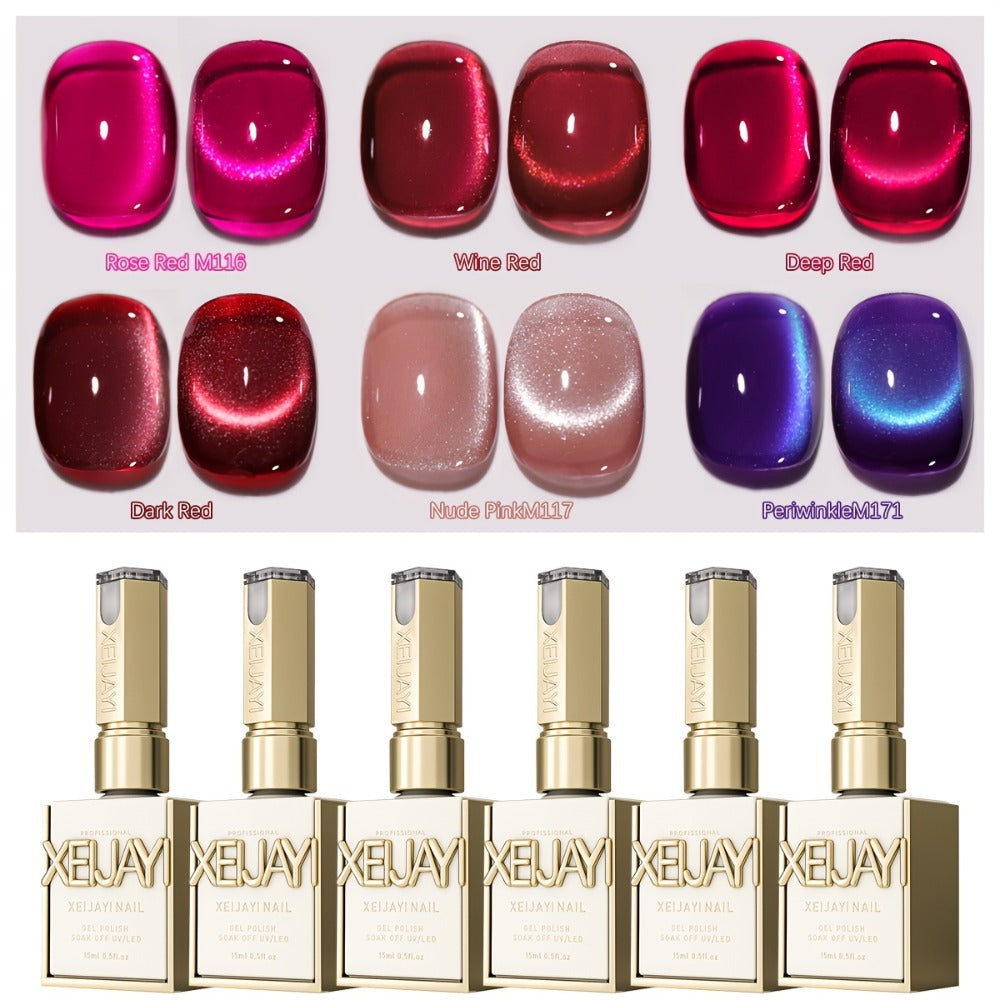 Berry Cat Eye Gel Polish 6 Colors Photo Frame Bottle Magnetic Holographic Reflective Soak Off LED UV – Deep Plum Burgundy Magenta Nail Art Gel for Salon & DIY Manicure, Nail Art Gift for Women