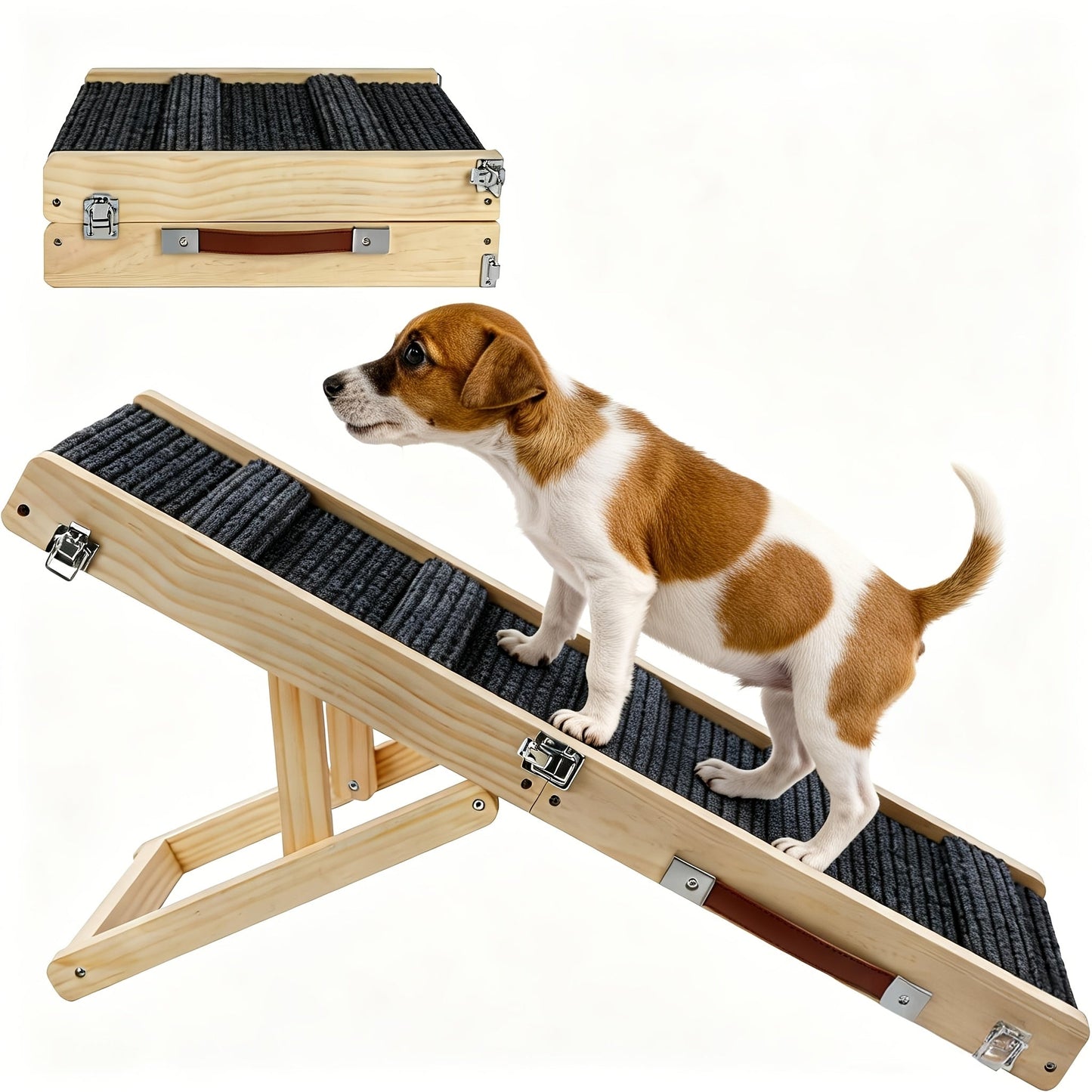 Foldable Dog Ramp for Couch & Bed – Adjustable Height 13–21 Inch, Non-Slip Pad & Wood Base, Portable Pet Stairs for Small Dogs, Puppies & Senior Dogs, Easy Carry 32in